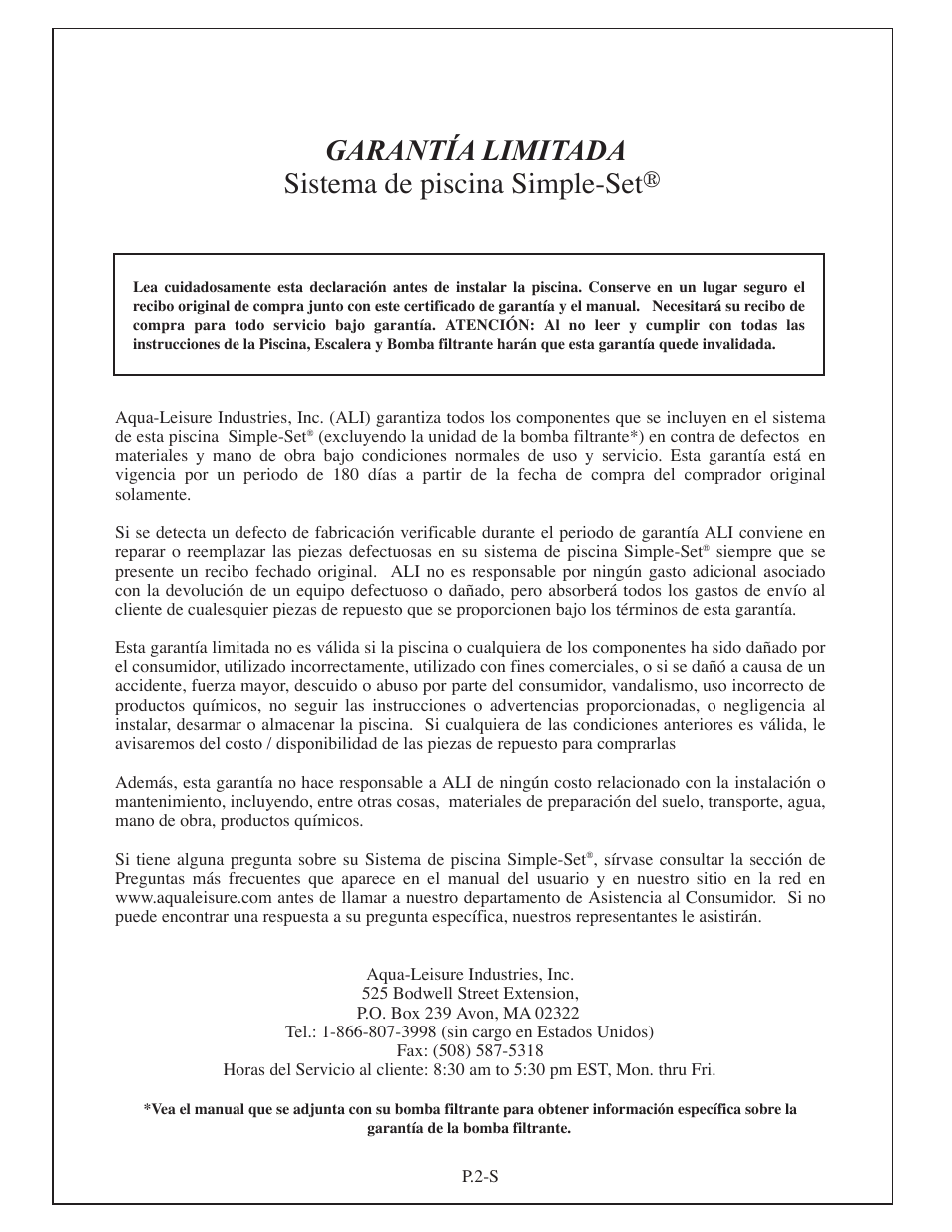 Garantía limitada sistema de piscina simple-set | Aqua Leisure Simple-Set Pool User Manual | Page 30 / 42