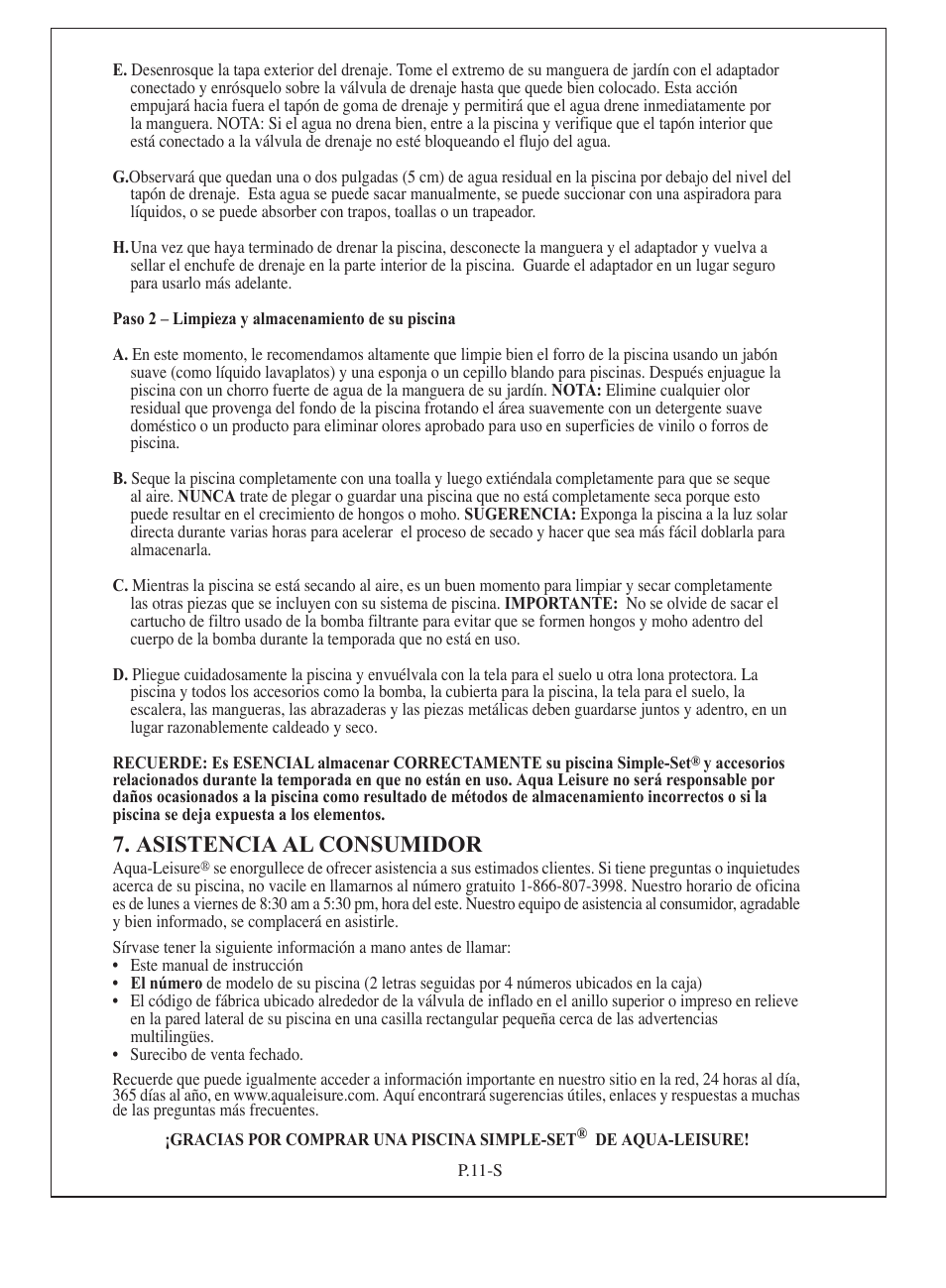 Asistencia al consumidor | Aqua Leisure Simple-Set Pool User Manual | Page 39 / 42