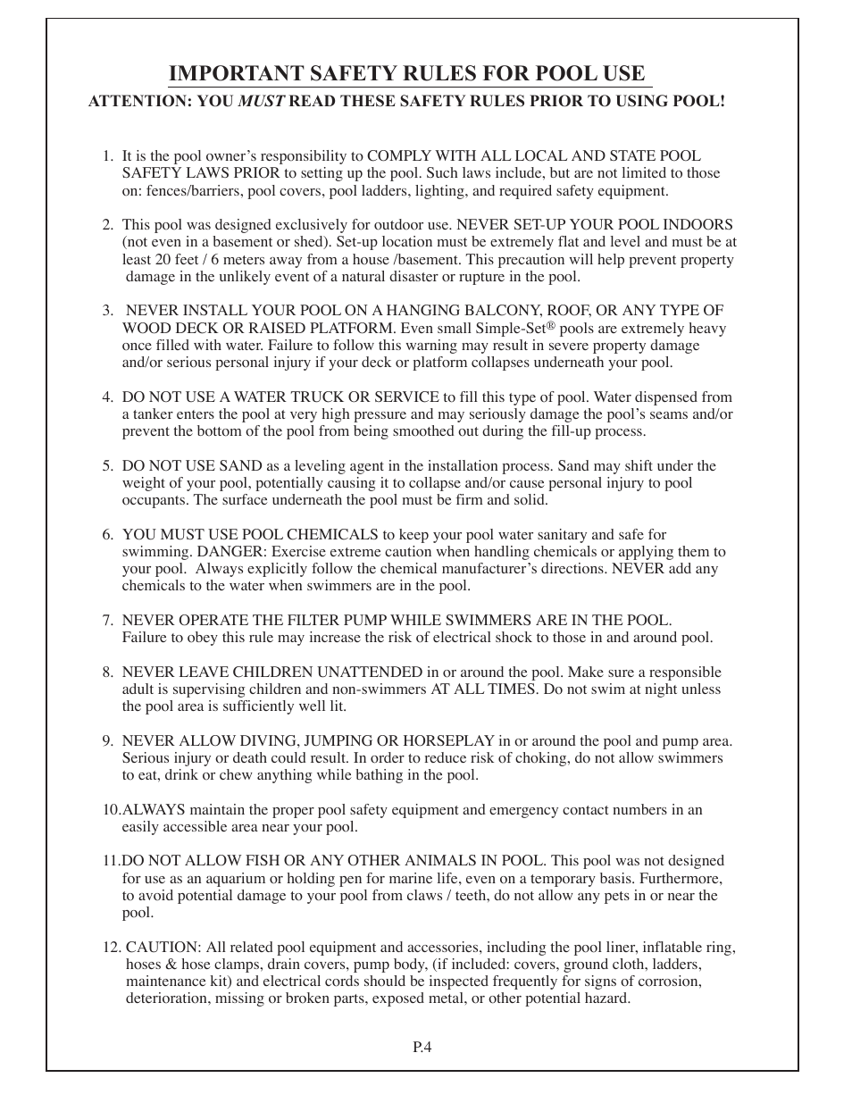 Important safety rules for pool use | Aqua Leisure Simple-Set Pool User Manual | Page 4 / 42