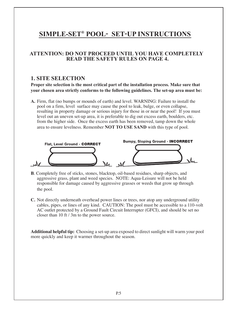 Simple-set, Pool- set-up instructions, Site selection | Aqua Leisure Simple-Set Pool User Manual | Page 5 / 42