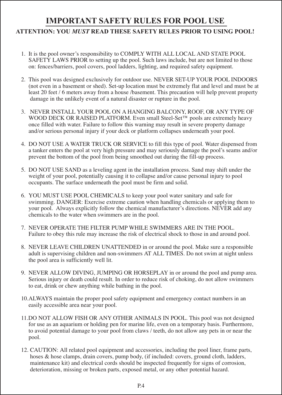 Steel-set man-04.pdf, Important safety rules for pool use | Aqua Leisure Steel-Set Pool User Manual | Page 4 / 11