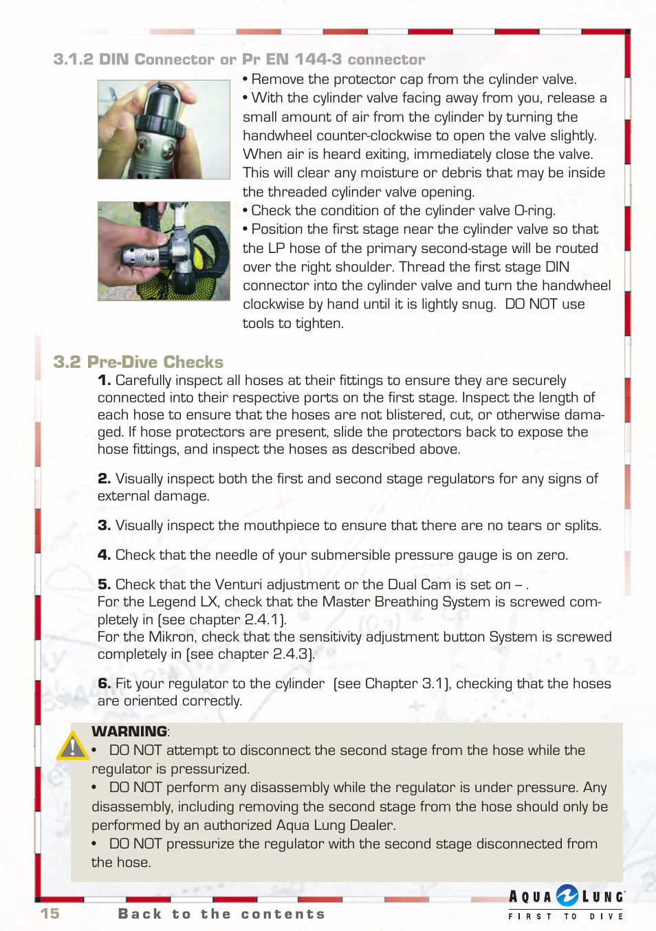 2 din connector, 2 pre-dive checks | Aqua Lung Regulator User Manual | Page 15 / 26