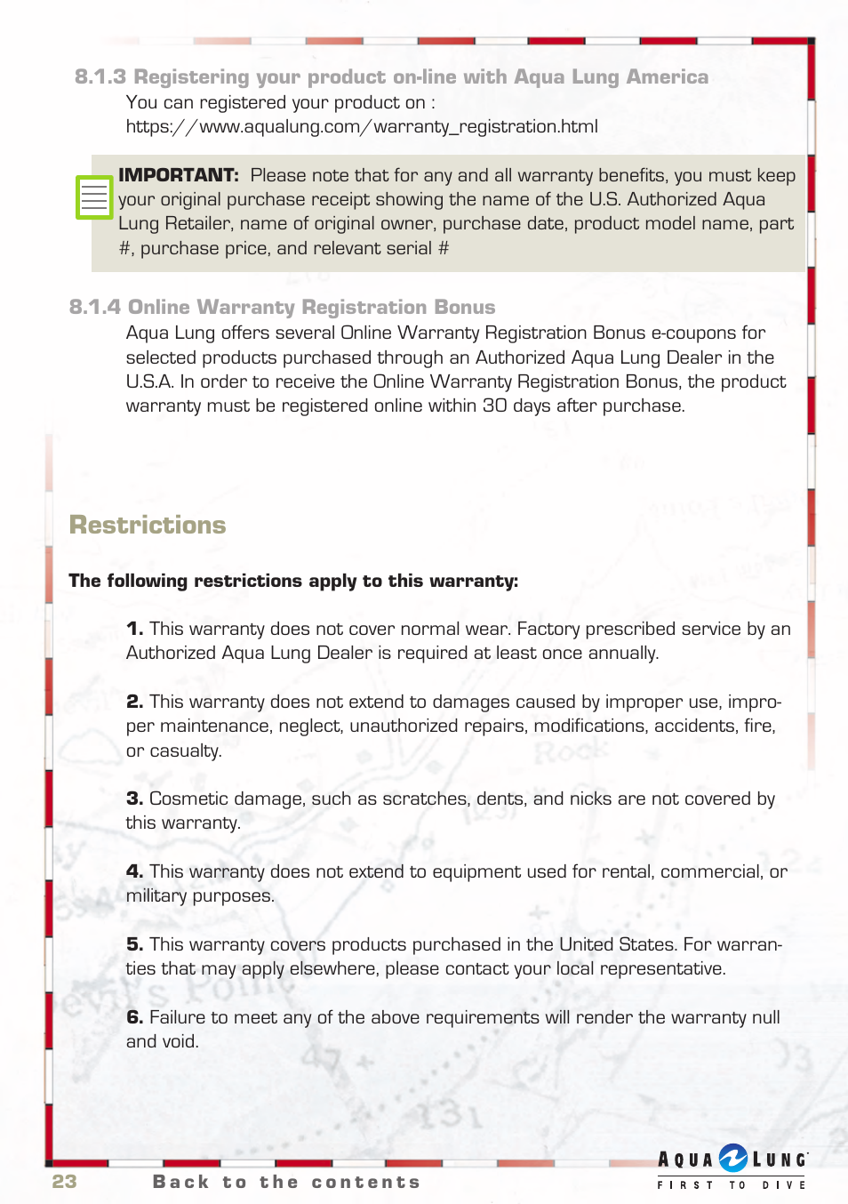 4 online warranty registration bonus, Restrictions | Aqua Lung Regulator User Manual | Page 23 / 26