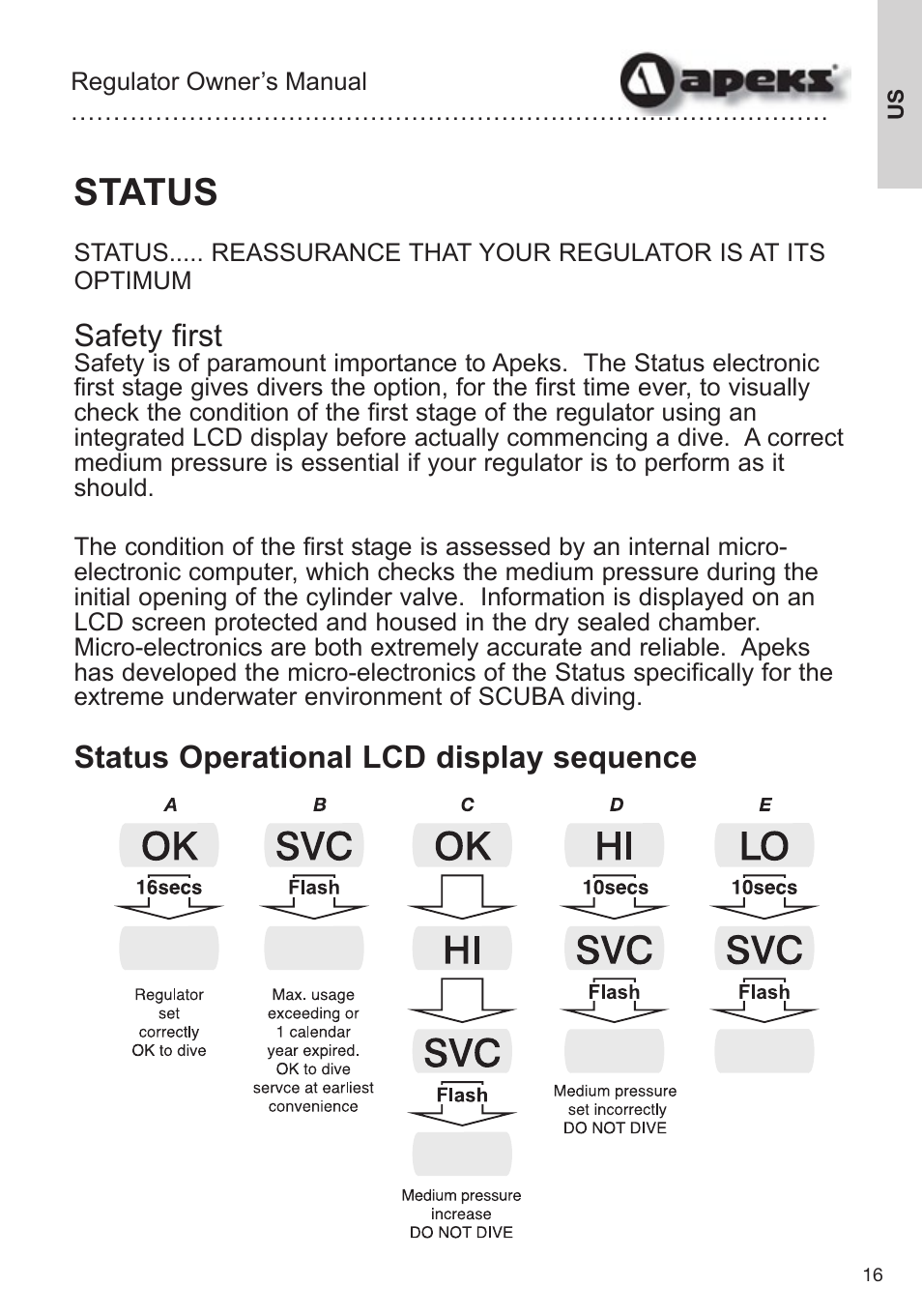 Status, Safety first, Status operational lcd display sequence | Aqua Lung Apeks Regulator User Manual | Page 16 / 47