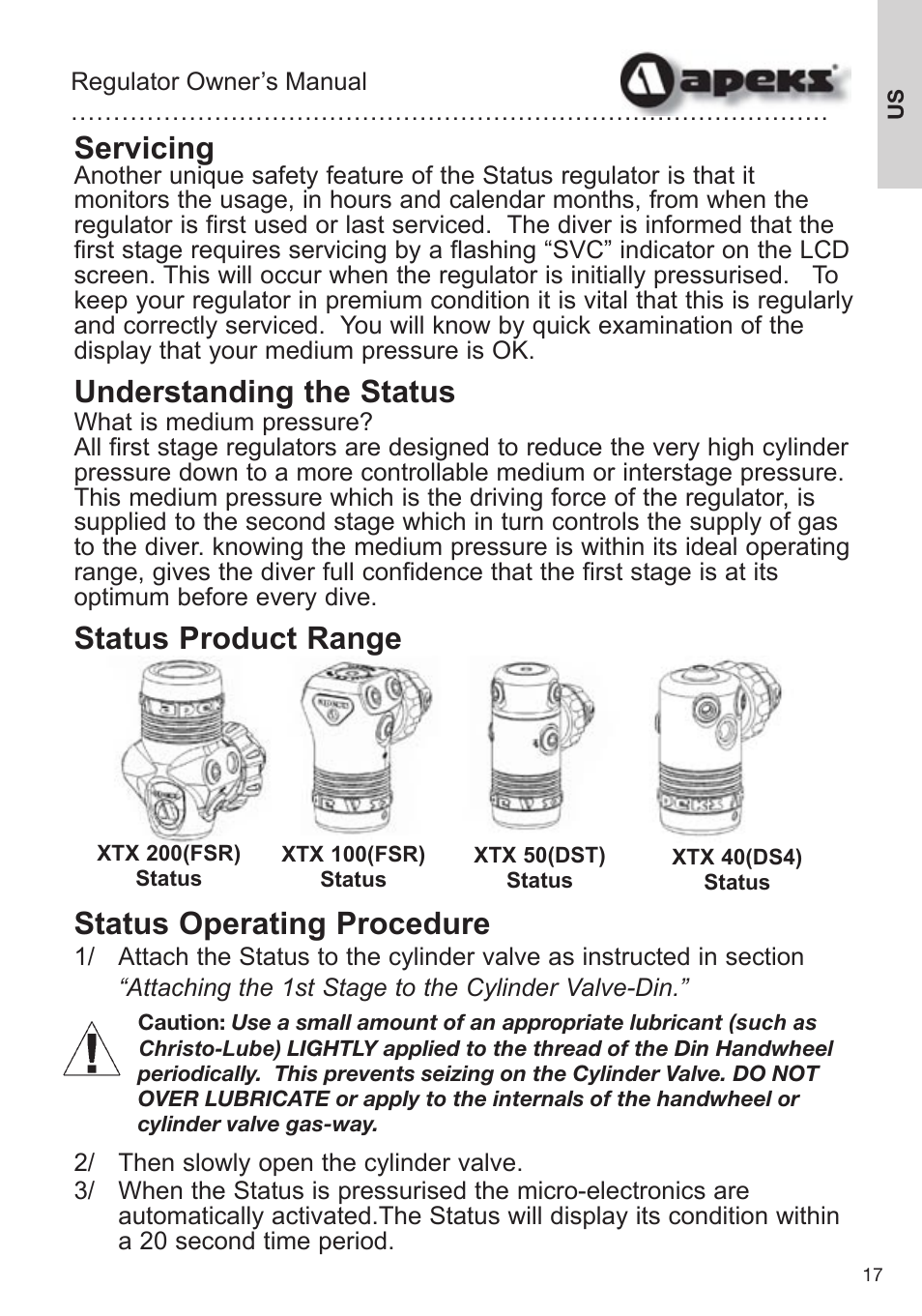 Servicing, Understanding the status, Status product range status operating procedure | Aqua Lung Apeks Regulator User Manual | Page 17 / 47