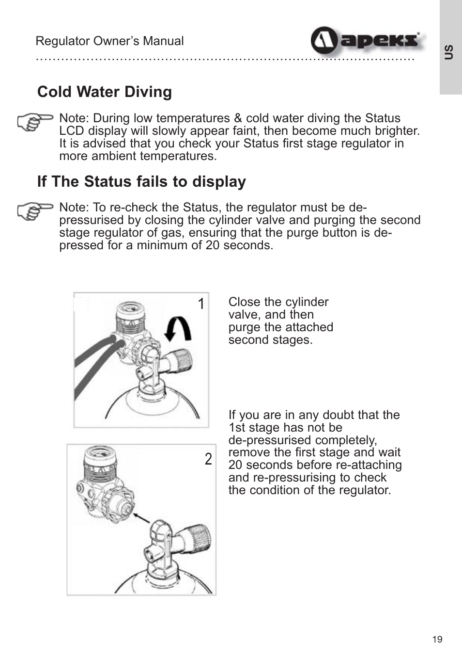 Cold water diving, If the status fails to display | Aqua Lung Apeks Regulator User Manual | Page 19 / 47