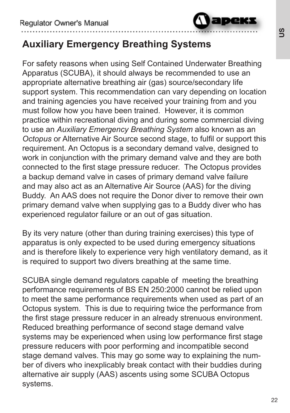 Auxiliary emergency breathing systems | Aqua Lung Apeks Regulator User Manual | Page 22 / 47