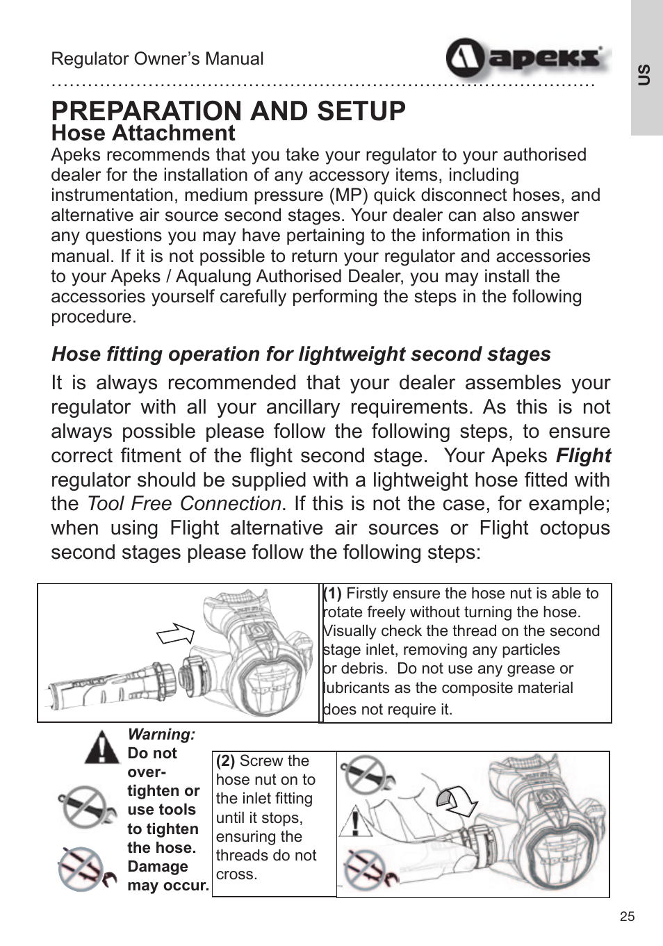 Preparation and setup, Hose attachment | Aqua Lung Apeks Regulator User Manual | Page 25 / 47