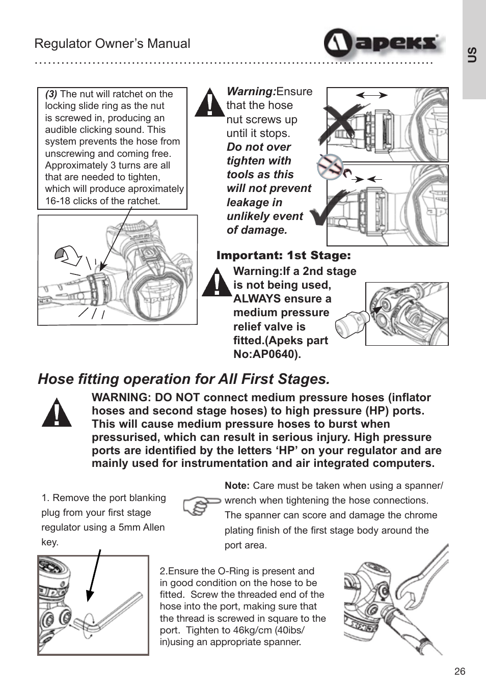 Hose fitting operation for all first stages, Regulator owner’s manual | Aqua Lung Apeks Regulator User Manual | Page 26 / 47