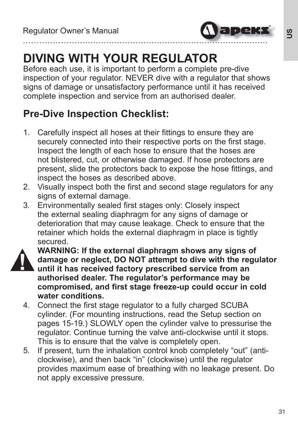 Diving with your regulator, Pre-dive inspection checklist | Aqua Lung Apeks Regulator User Manual | Page 31 / 47