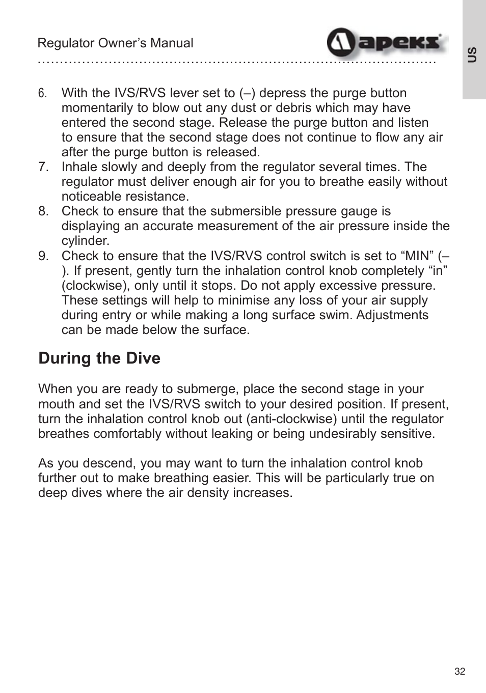 During the dive | Aqua Lung Apeks Regulator User Manual | Page 32 / 47