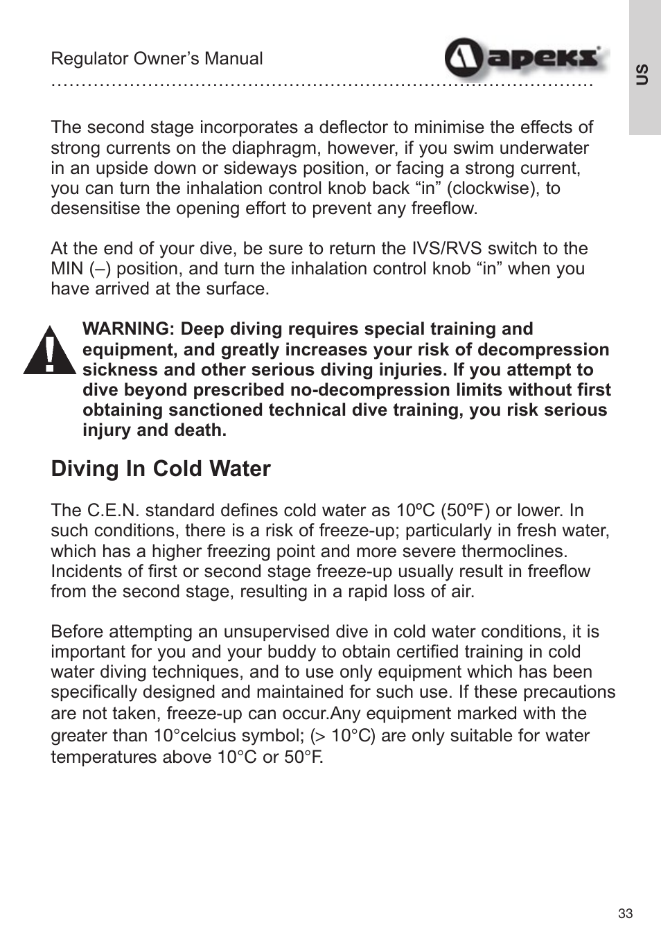 Diving in cold water | Aqua Lung Apeks Regulator User Manual | Page 33 / 47