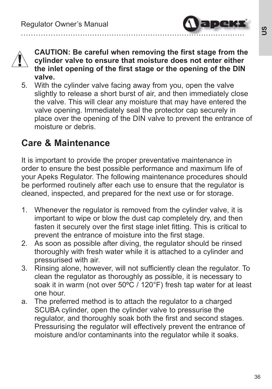 Care & maintenance | Aqua Lung Apeks Regulator User Manual | Page 36 / 47