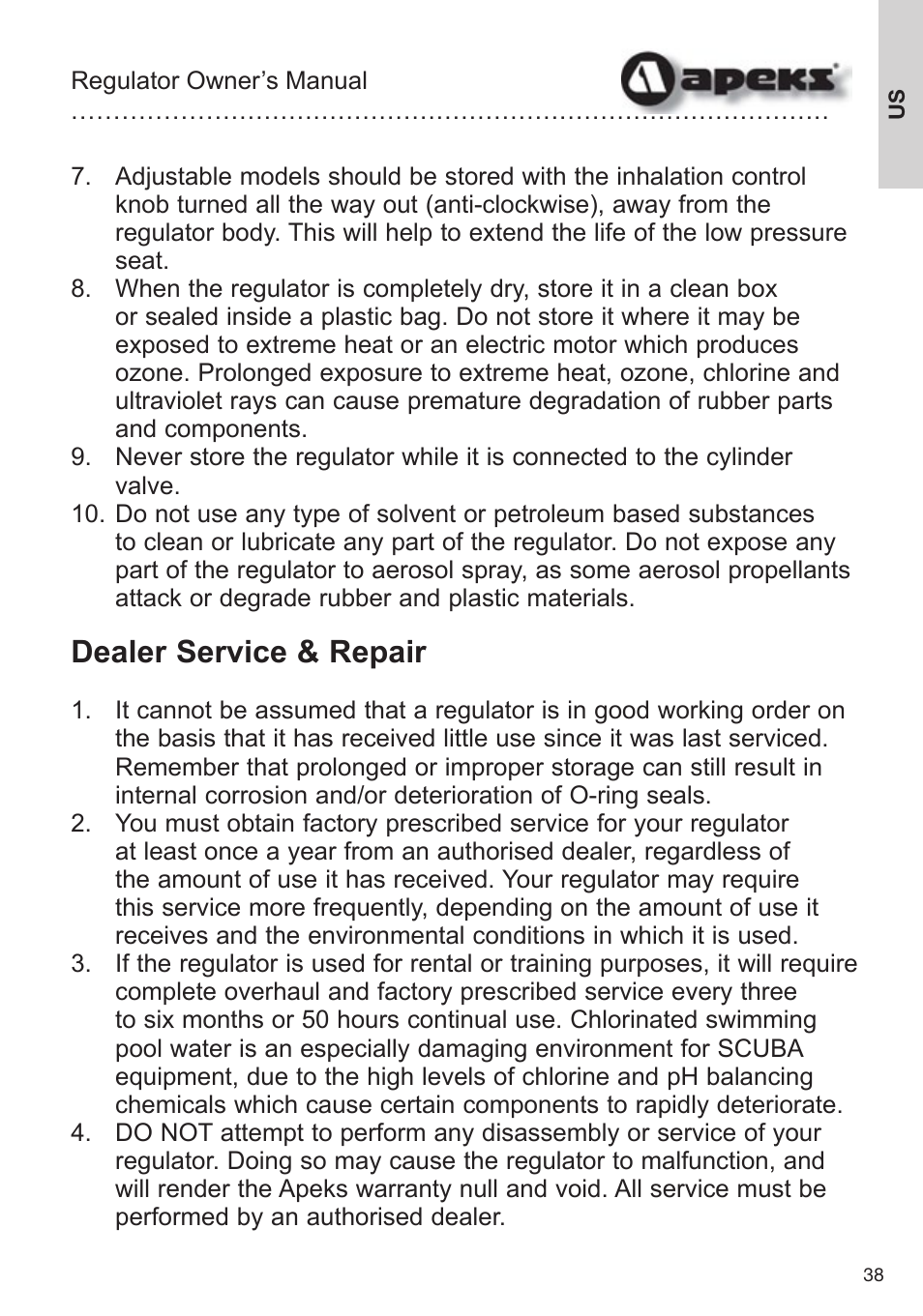 Dealer service & repair | Aqua Lung Apeks Regulator User Manual | Page 38 / 47