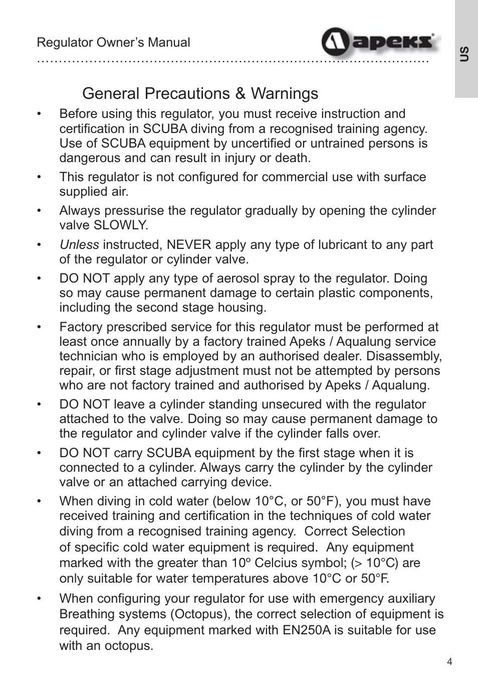 General precautions & warnings | Aqua Lung Apeks Regulator User Manual | Page 4 / 47