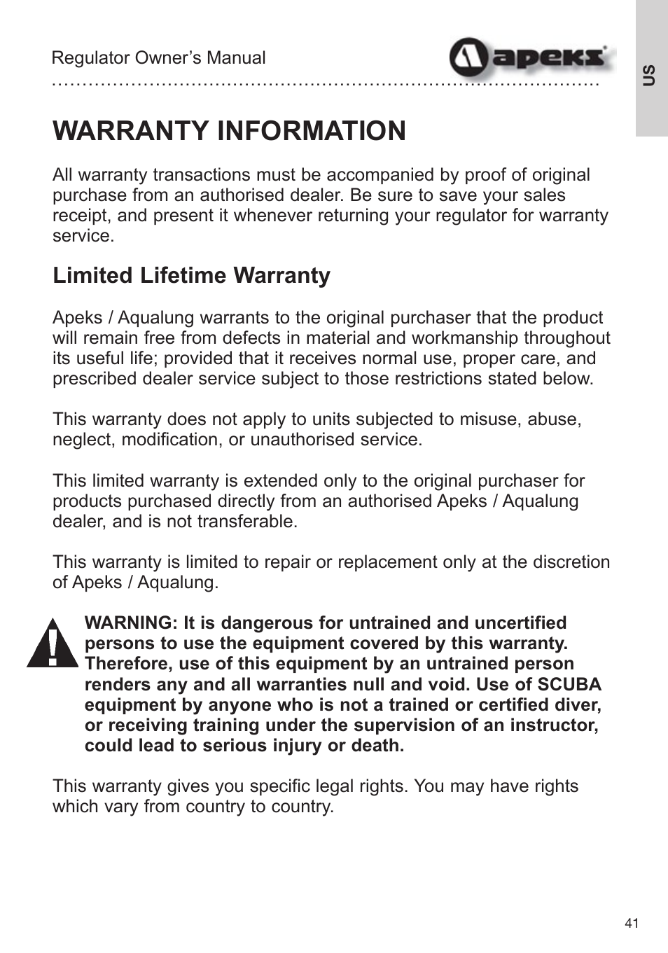 Warranty information, Limited lifetime warranty | Aqua Lung Apeks Regulator User Manual | Page 41 / 47