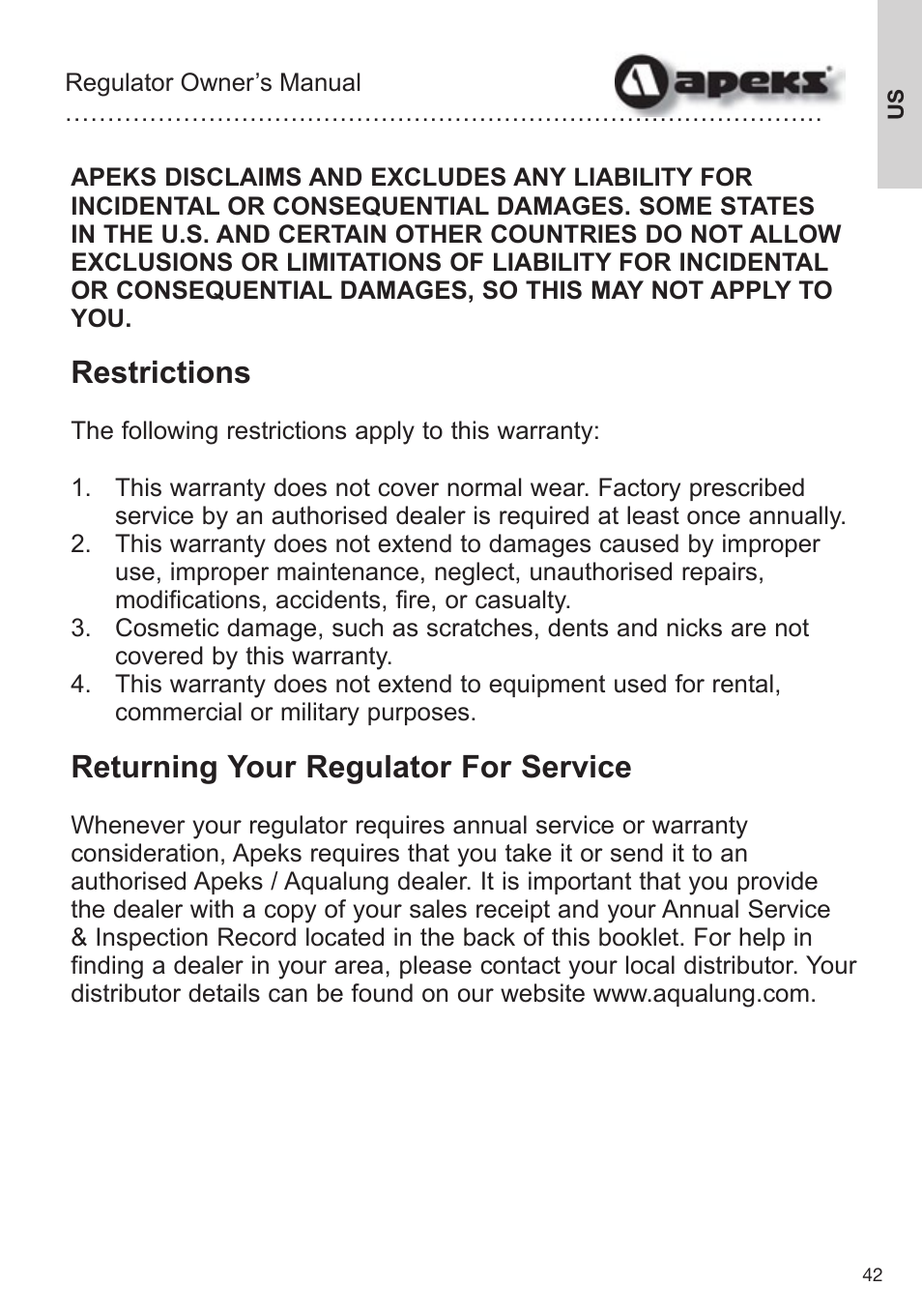 Restrictions, Returning your regulator for service | Aqua Lung Apeks Regulator User Manual | Page 42 / 47