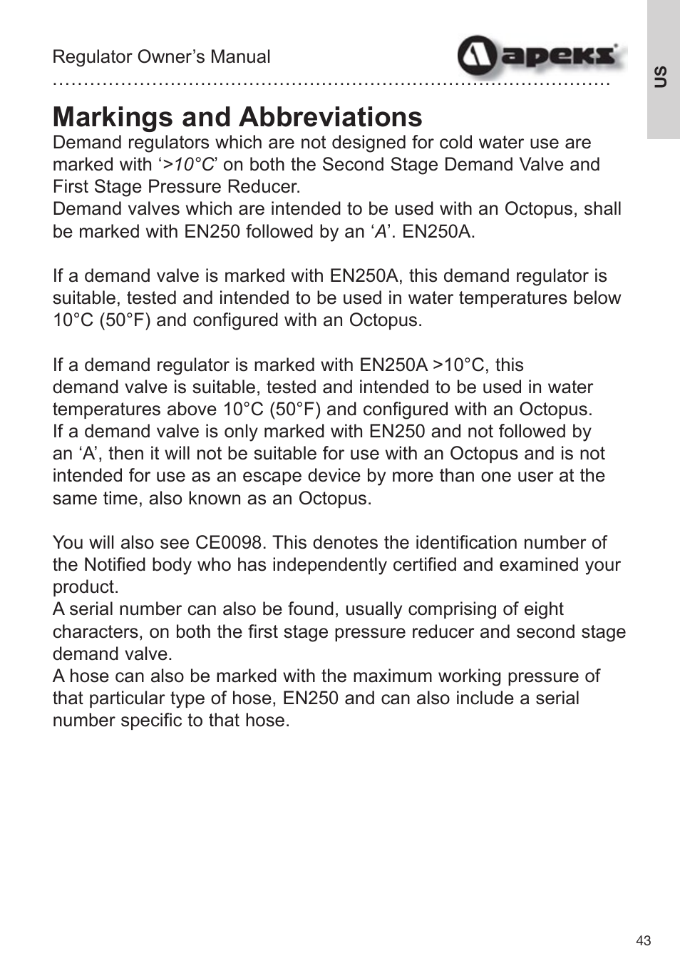 Markings and abbreviations | Aqua Lung Apeks Regulator User Manual | Page 43 / 47