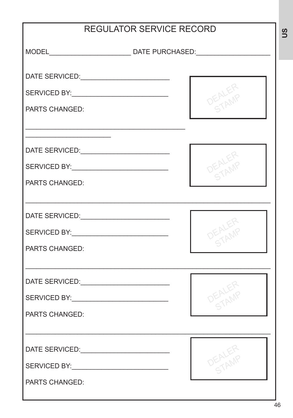 Regulator service record | Aqua Lung Apeks Regulator User Manual | Page 46 / 47