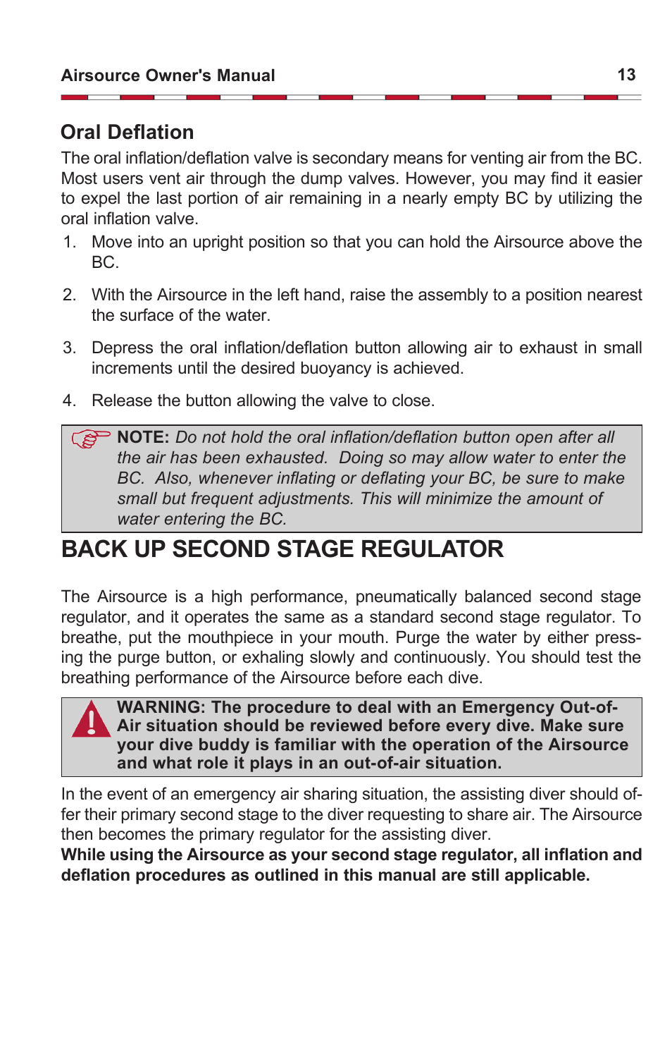 Back up second stage regulator, Oral deflation | Aqua Lung Airsource 3 with Cut-off Valve User Manual | Page 13 / 20