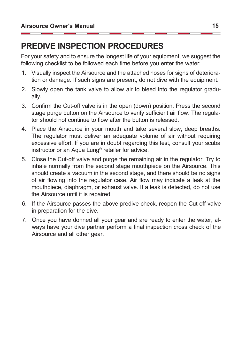 Predive inspection procedures | Aqua Lung Airsource 3 with Cut-off Valve User Manual | Page 15 / 20