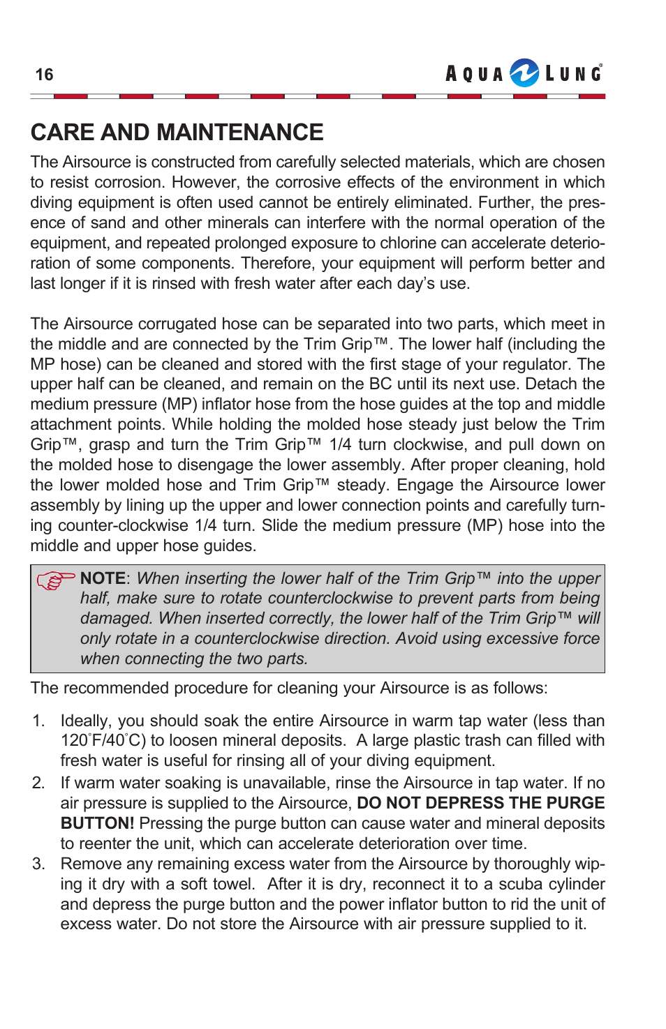 Care and maintenance | Aqua Lung Airsource 3 with Cut-off Valve User Manual | Page 16 / 20