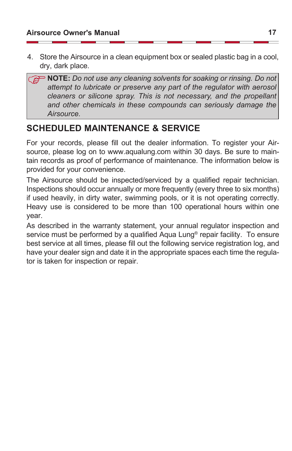 Scheduled maintenance & service | Aqua Lung Airsource 3 with Cut-off Valve User Manual | Page 17 / 20