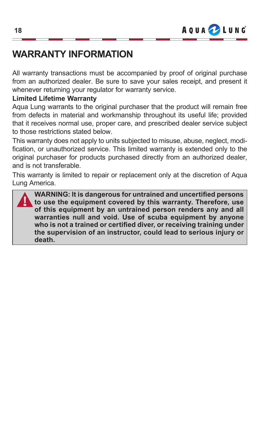 Warranty information | Aqua Lung Airsource 3 with Cut-off Valve User Manual | Page 18 / 20