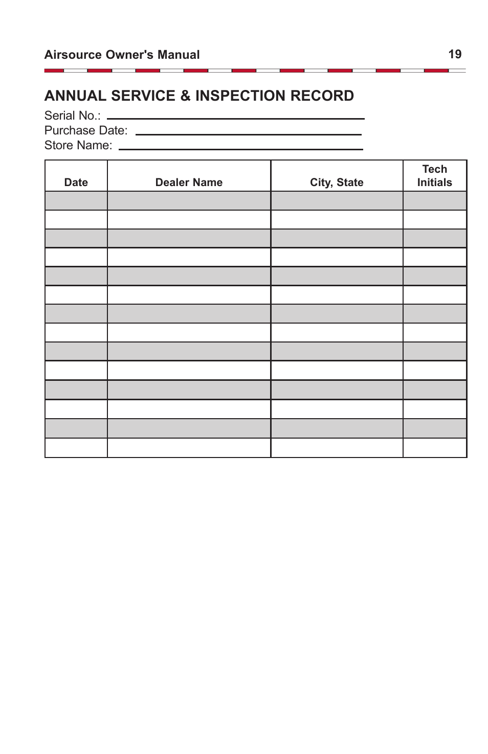 Annual service & inspection record | Aqua Lung Airsource 3 with Cut-off Valve User Manual | Page 19 / 20