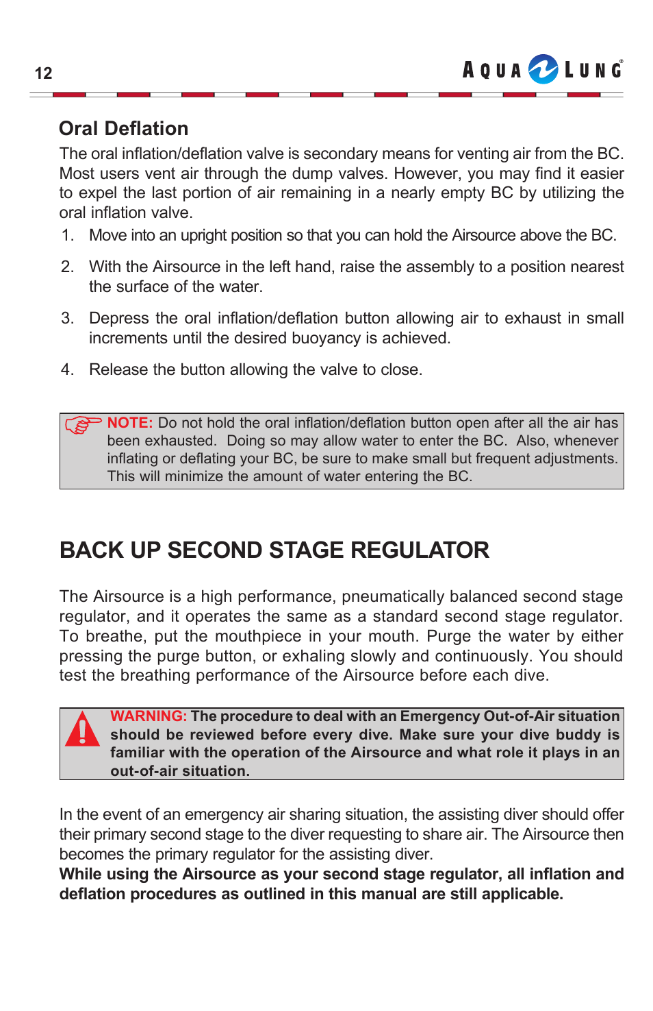 Back up second stage regulator, Oral deflation | Aqua Lung Airsource Quick Disconnect User Manual | Page 12 / 19