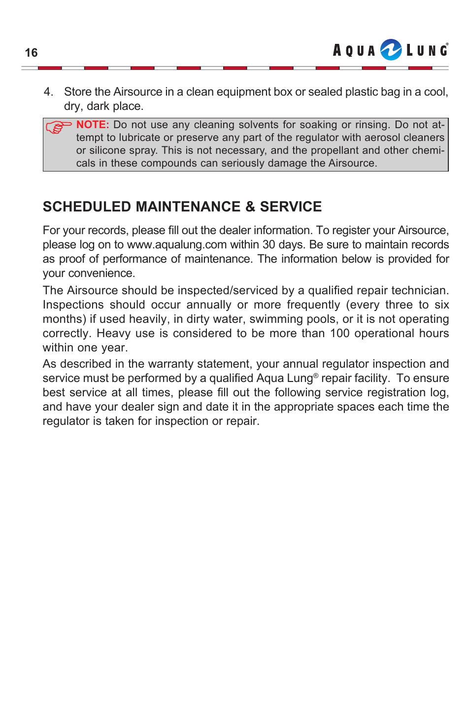 Scheduled maintenance & service | Aqua Lung Airsource Quick Disconnect User Manual | Page 16 / 19