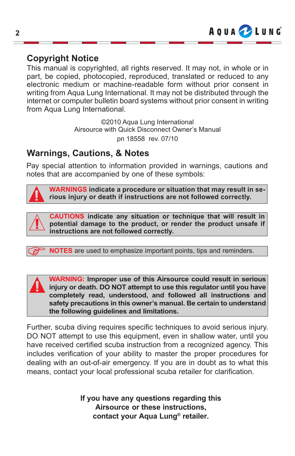 Aqua Lung Airsource Quick Disconnect User Manual | Page 2 / 19