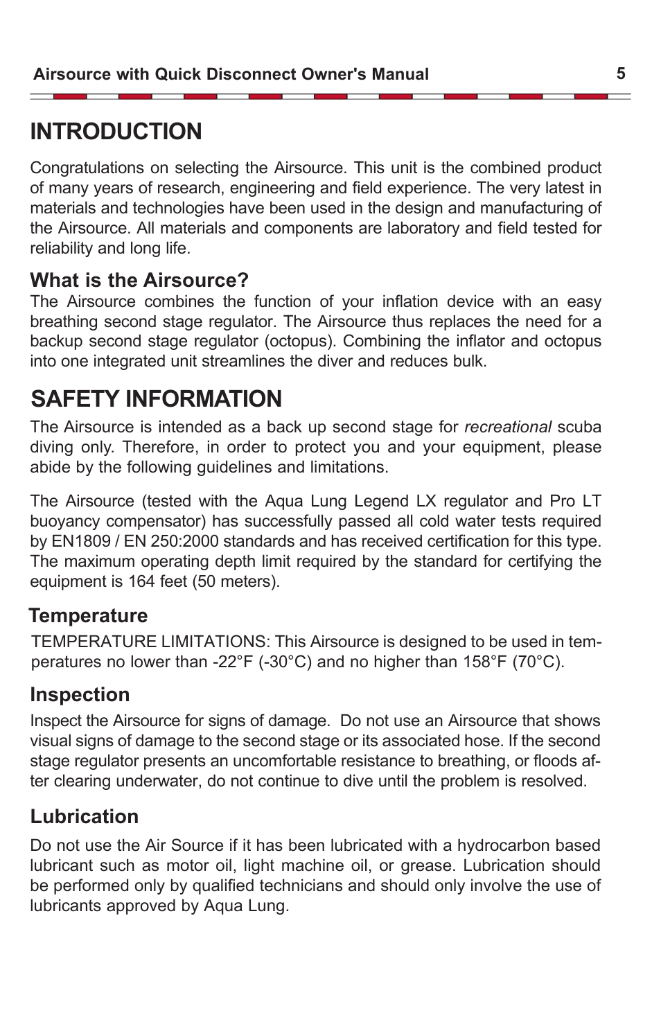 Safety information, Introduction | Aqua Lung Airsource Quick Disconnect User Manual | Page 5 / 19