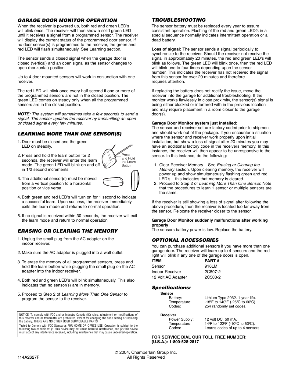 Garage door monitor operation, Learning more than one sensor(s), Erasing or clearing the memory | Troubleshooting, Optional accessories | Chamberlain 915LM User Manual | Page 2 / 4