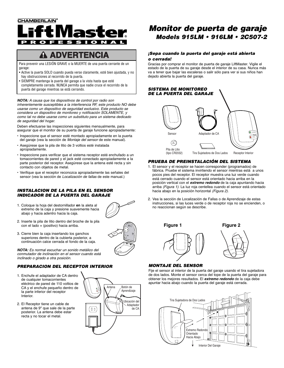 Español, Instalacion de la pila en el sensor, Preparacion del receptor interior | Sistema de monitoreo de la puerta del garaje, Prueba de preinstalación del sistema, Montaje del sensor, Monitor de puerta de garaje | Chamberlain 915LM User Manual | Page 3 / 4