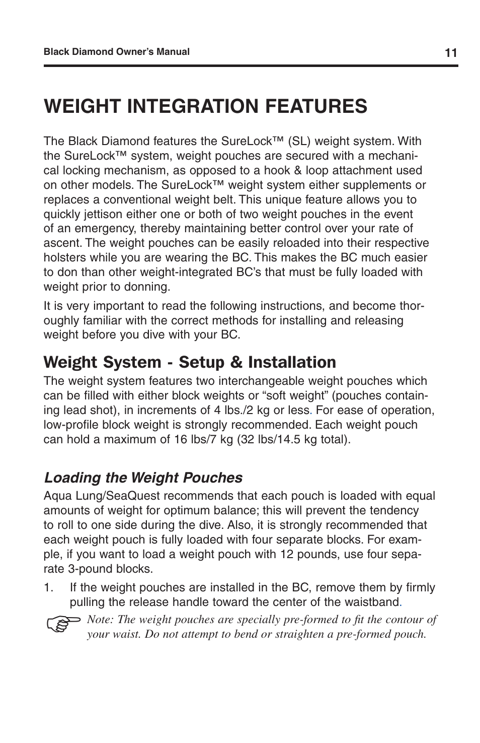 Weight integration features, Weight system - setup & installation | Aqua Lung Black Diamond SL BC User Manual | Page 11 / 28