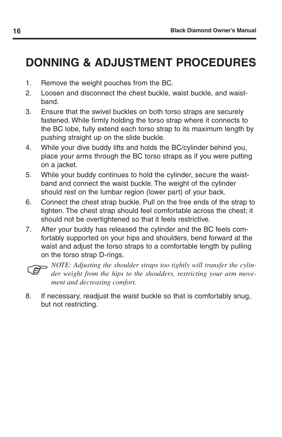 Donning & adjustment procedures | Aqua Lung Black Diamond SL BC User Manual | Page 16 / 28