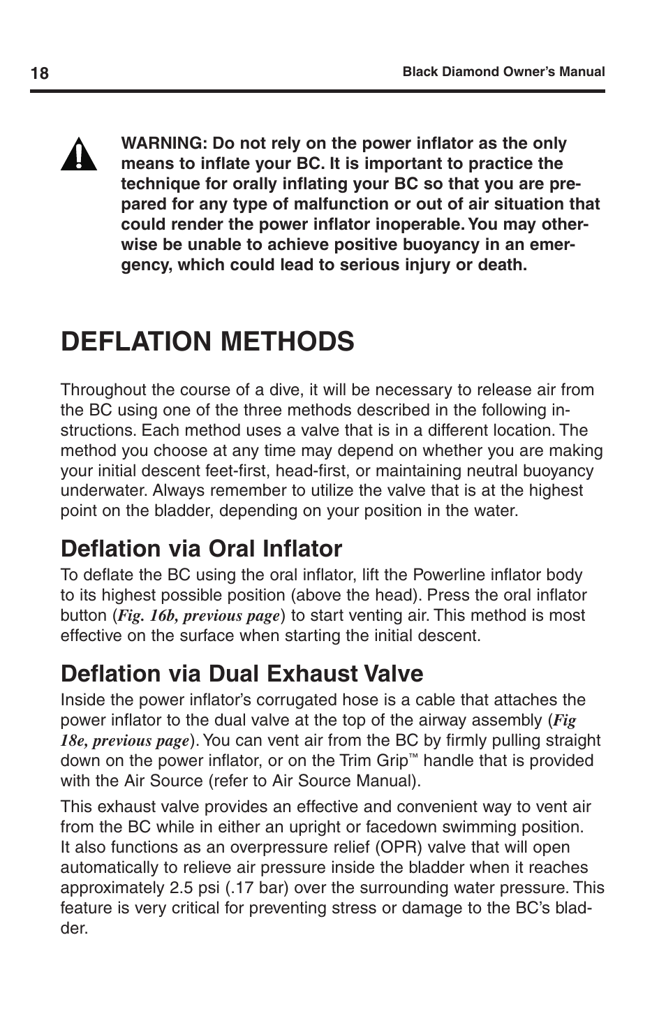 Deflation methods, Deflation via oral inflator, Deflation via dual exhaust valve | Aqua Lung Black Diamond SL BC User Manual | Page 18 / 28