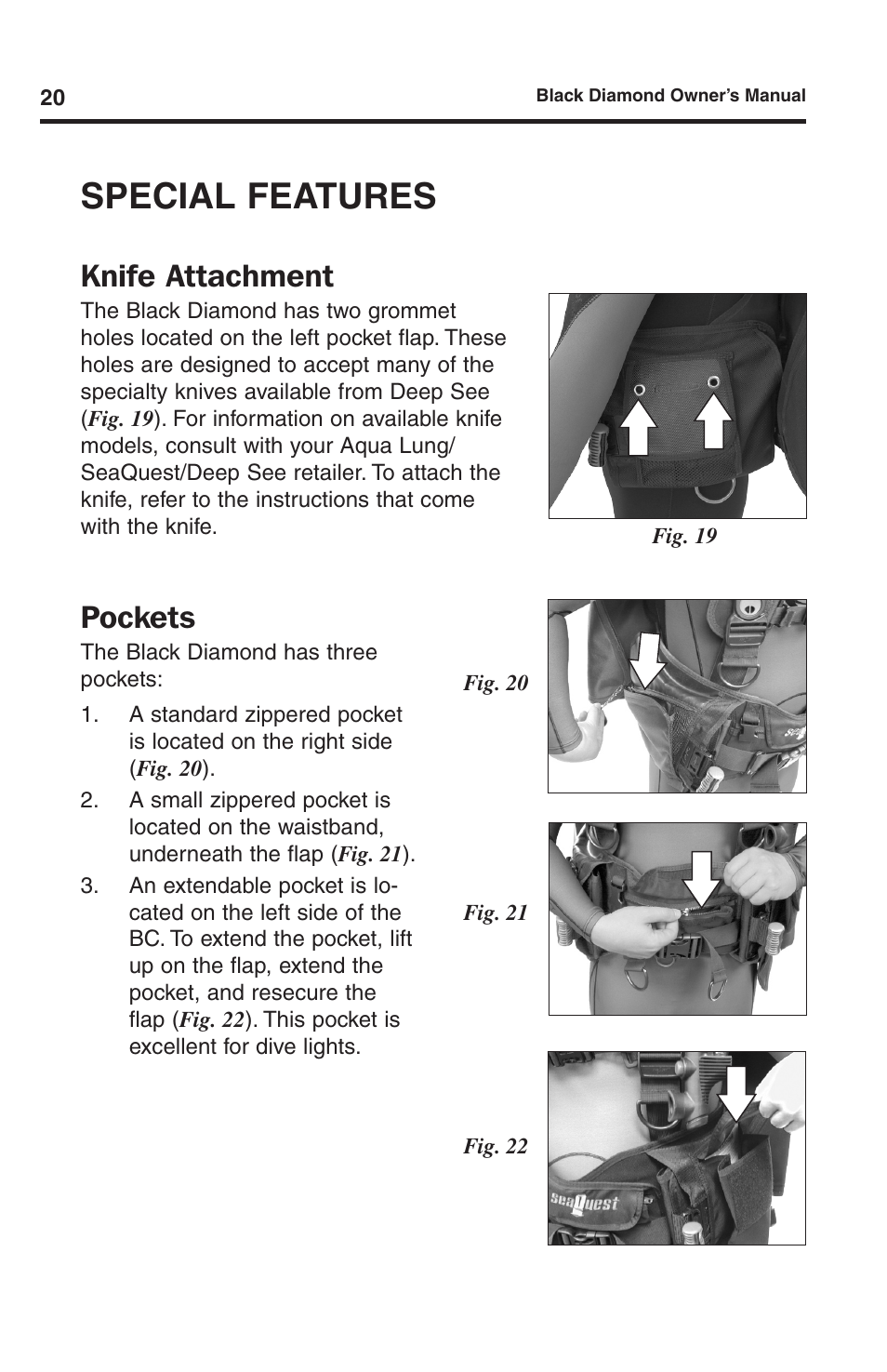 Special features, Knife attachment, Pockets | Aqua Lung Black Diamond SL BC User Manual | Page 20 / 28