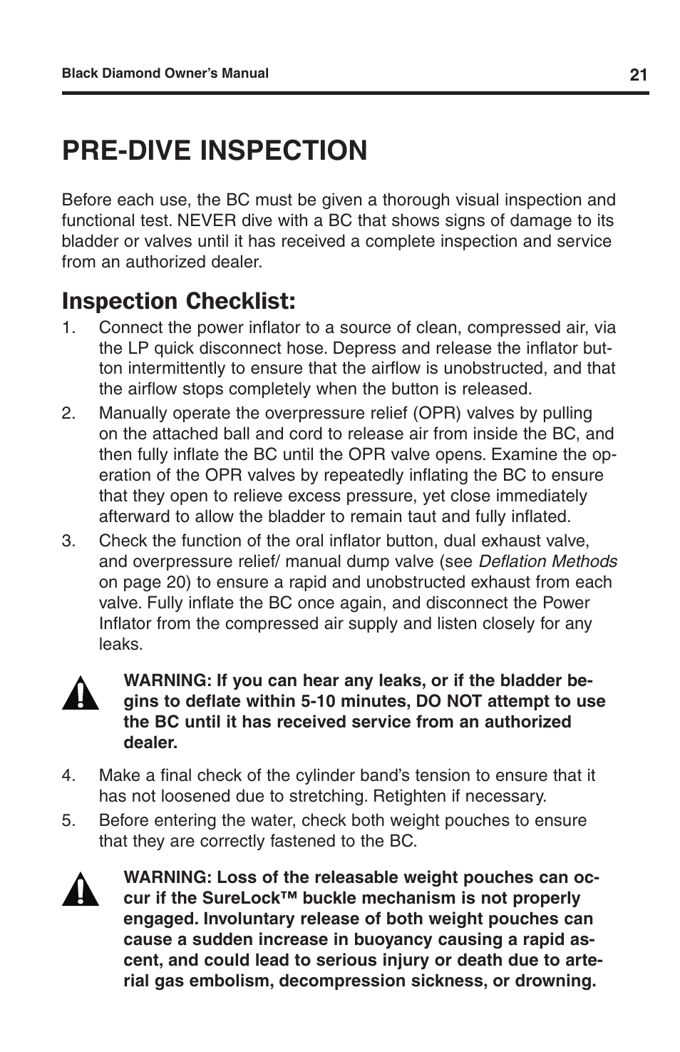 Pre-dive inspection, Inspection checklist | Aqua Lung Black Diamond SL BC User Manual | Page 21 / 28