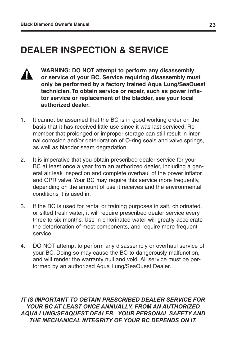 Dealer inspection & service | Aqua Lung Black Diamond SL BC User Manual | Page 23 / 28