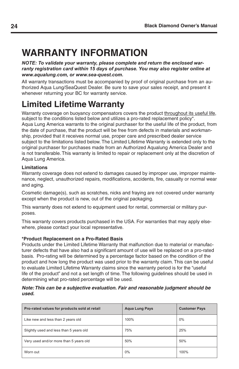 Warranty information, Limited lifetime warranty | Aqua Lung Black Diamond SL BC User Manual | Page 24 / 28