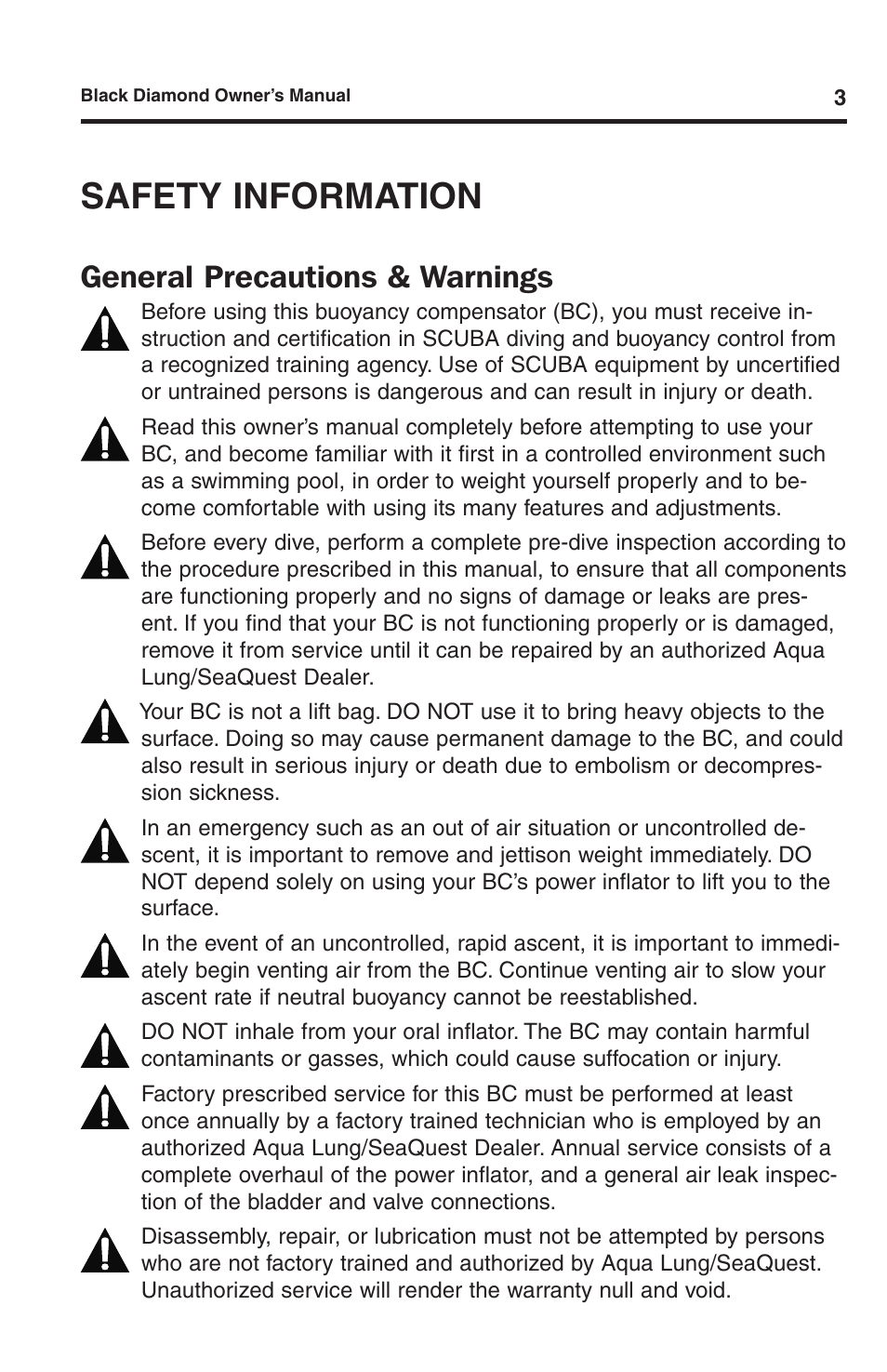 Safety information, General precautions & warnings | Aqua Lung Black Diamond SL BC User Manual | Page 3 / 28