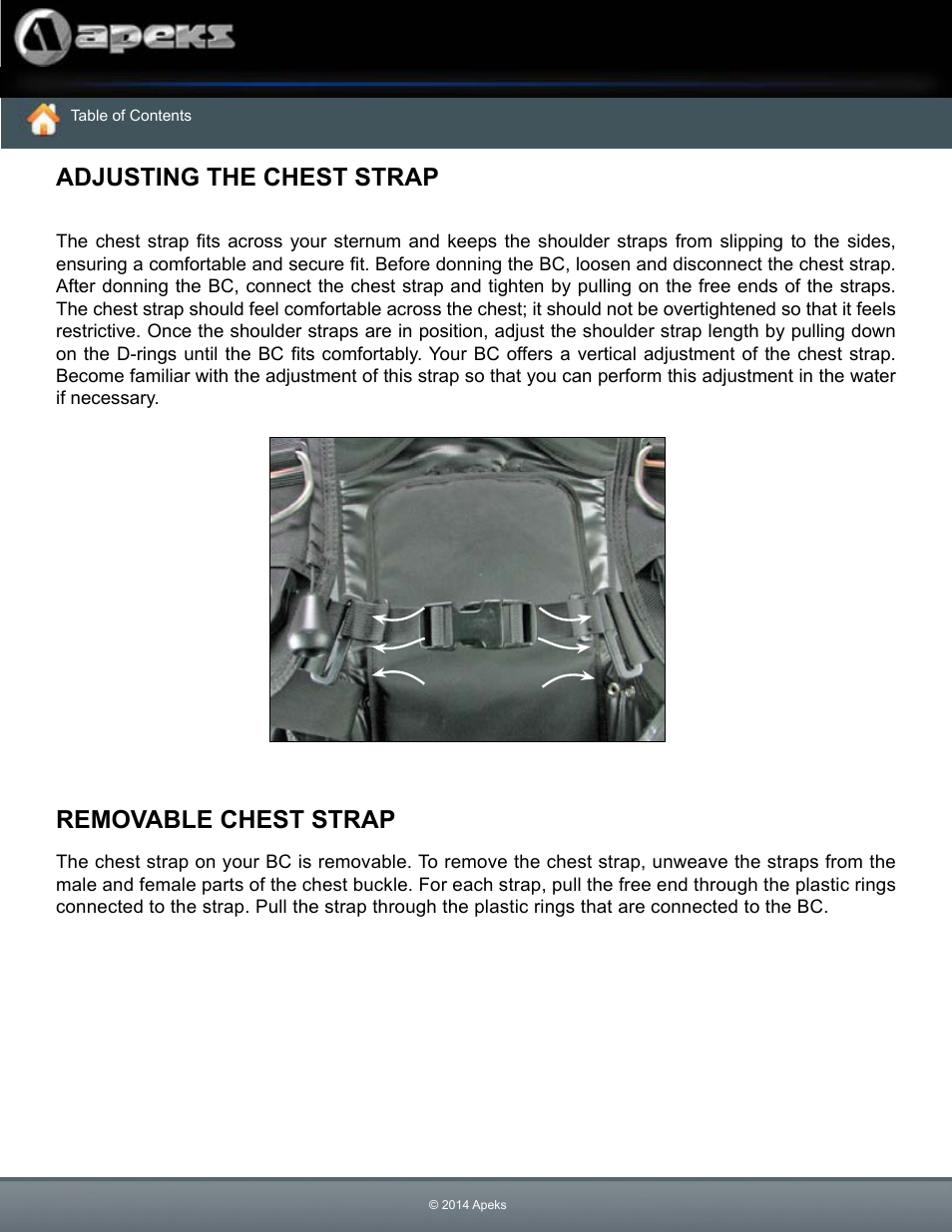 Adjusting the chest strap removable chest strap, Adjusting the chest strap, Removable chest strap | Aqua Lung Black Ice BC User Manual | Page 22 / 37