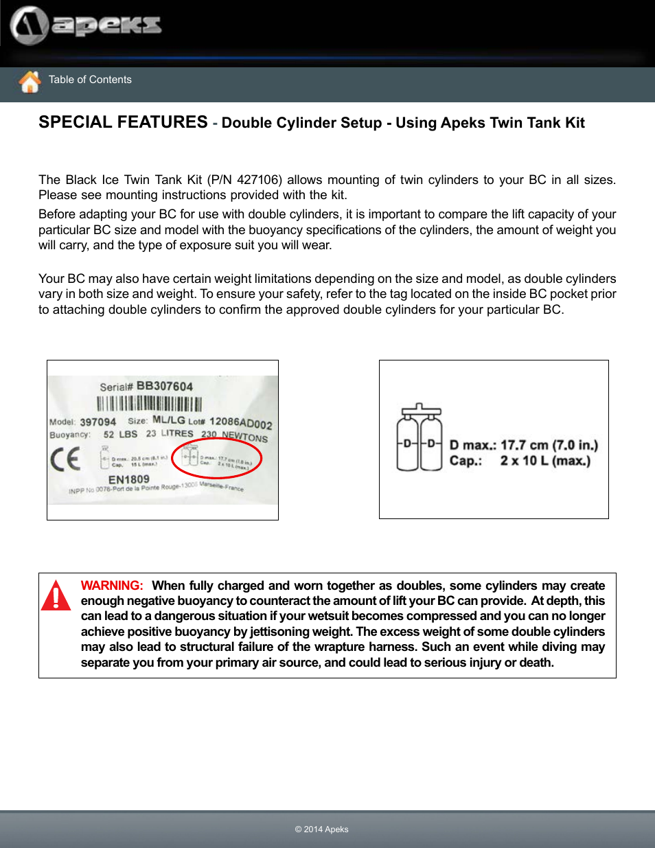 Double cylinder setup - using apeks twin tank kit, Special features | Aqua Lung Black Ice BC User Manual | Page 35 / 37