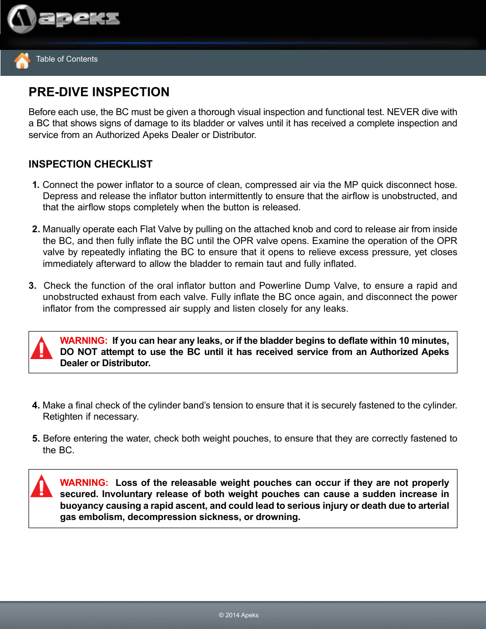 Pre-dive inspection bc inspection checklist, Pre-dive inspection | Aqua Lung Black Ice BC User Manual | Page 36 / 37