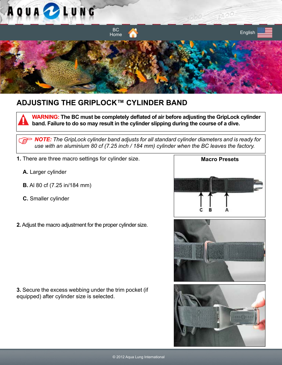 Adjusting the griplock™ cylinder band | Aqua Lung Dimension i3 / Lotus i3 BC User Manual | Page 15 / 41