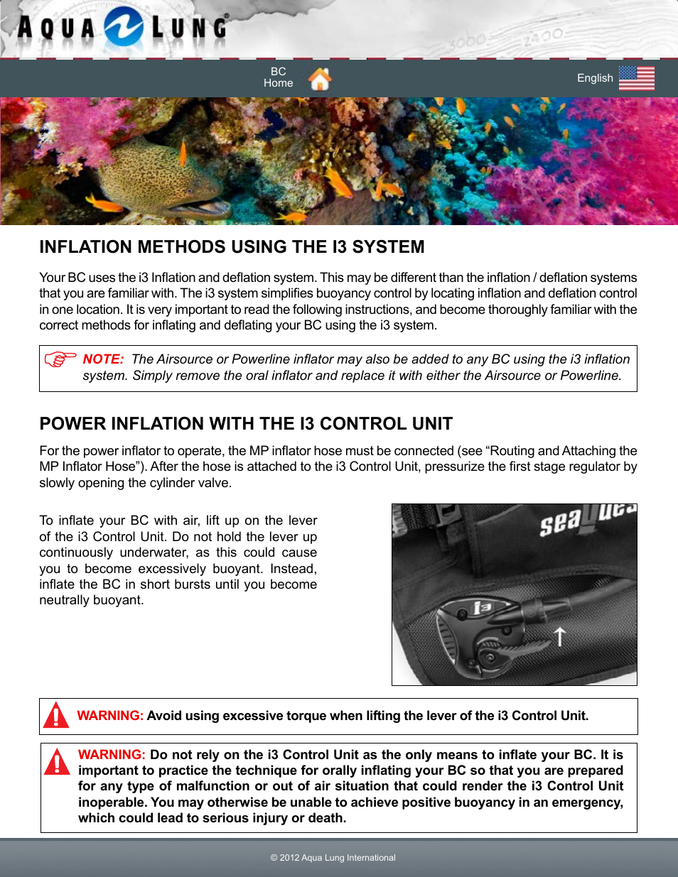 Inflation methods using the i3 system, Power inflation with the i3 control unit | Aqua Lung Dimension i3 / Lotus i3 BC User Manual | Page 29 / 41