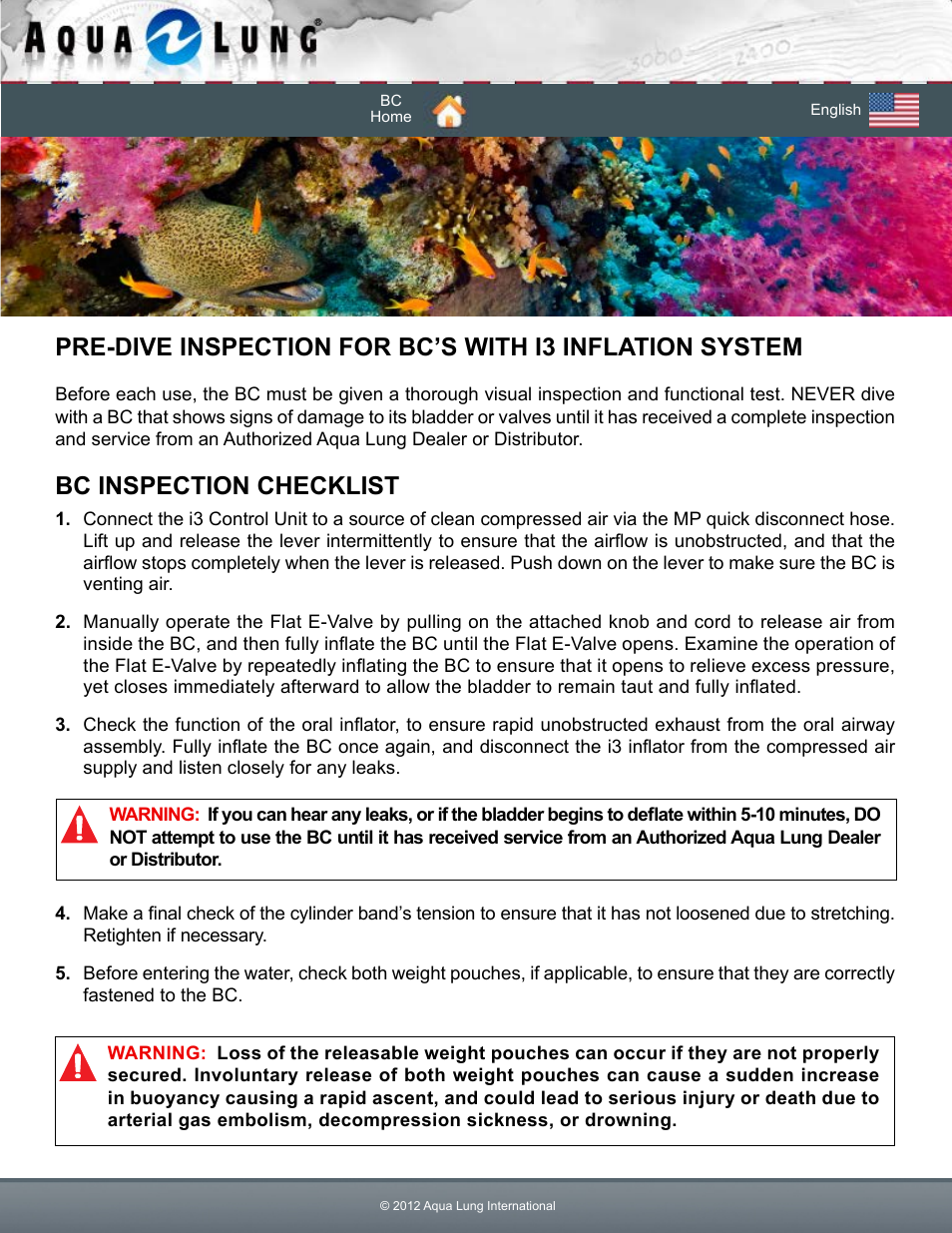 Bc inspection checklist | Aqua Lung Dimension i3 / Lotus i3 BC User Manual | Page 40 / 41