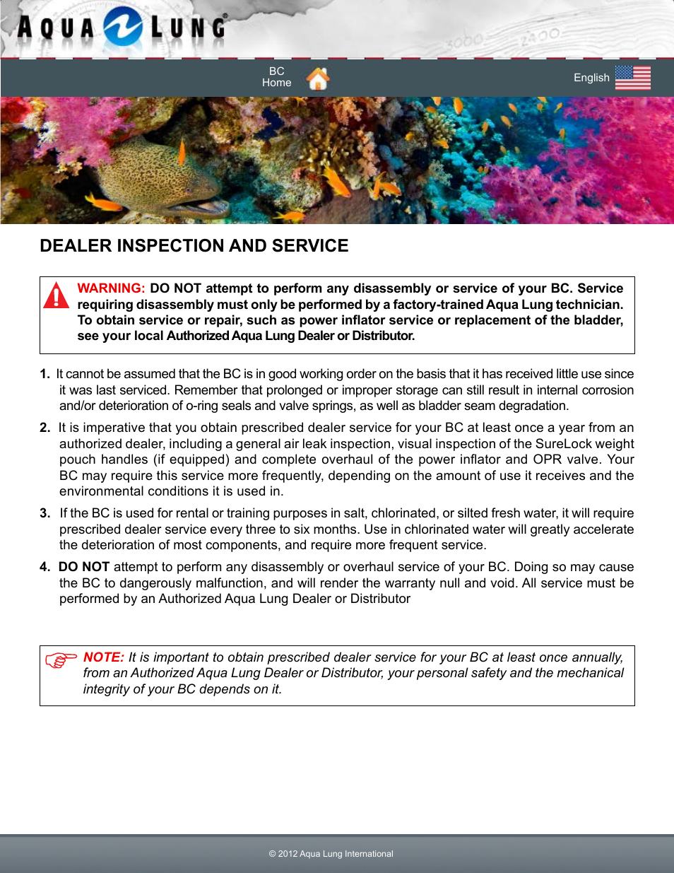 Dealer inspection and service | Aqua Lung Dimension i3 / Lotus i3 BC User Manual | Page 6 / 41